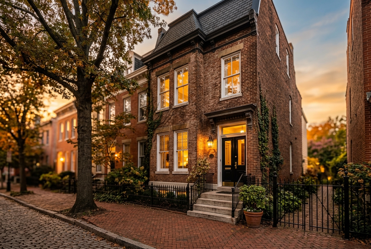 Baltimore brick rowhouse at golden hour